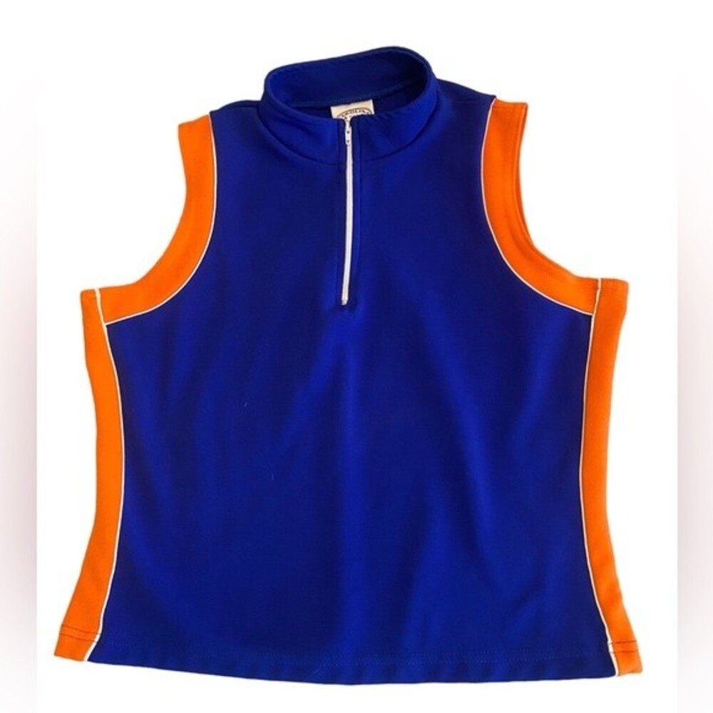 Juniors Carolina blues sleeveless crop top ribbed orange & blue front zip top L.